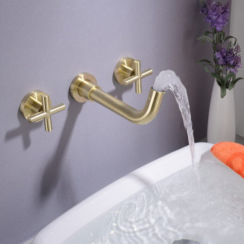 TRUSTMI Wall Mount Brushed Gold Bathroom Faucet, 2 Cross Handle Concealed Vessel Sink Faucet with Brass Rough-in Valve, 8.18" Swivel Spout, Floating Installation Height - Image 3